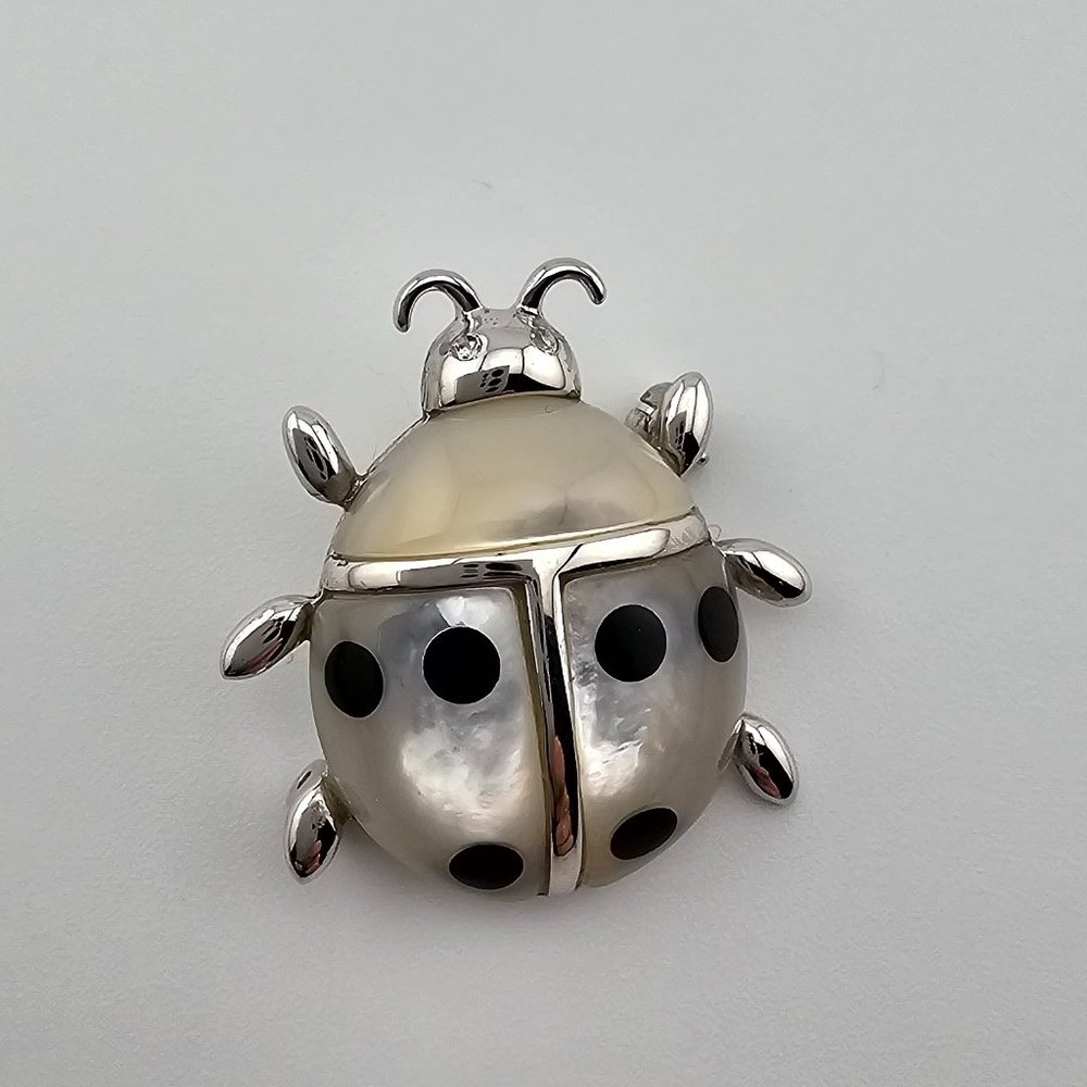 Lee Sands Sterling Silver Ladybug Pendant Brooch Mother Of Pearl & Onyx Signed